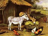 Edgar Hunt Chickens and Donkeys feeding outside a Barn painting